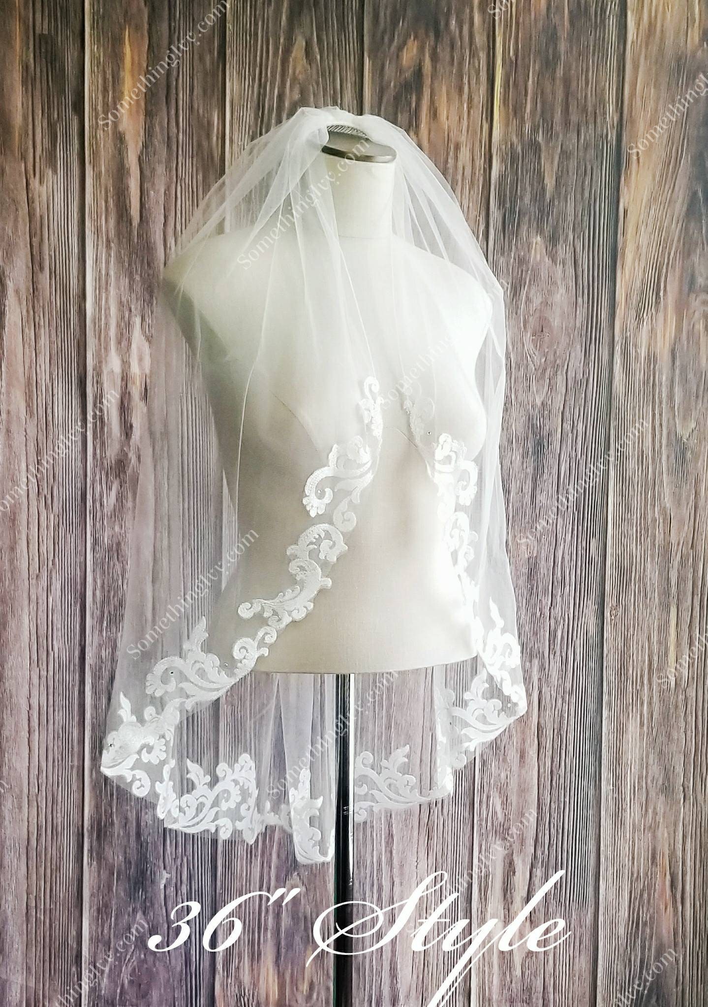 36 Fingertip Length Lace Edge Veil Beaded Accents | NY Gift Boutique