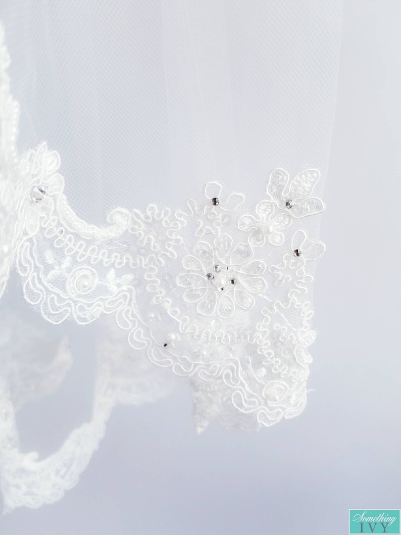 Finished Edge 42 Lace Wedding Veil Beaded Alencon Lace Fingertip Length Veil with Pearls and Rhinestones