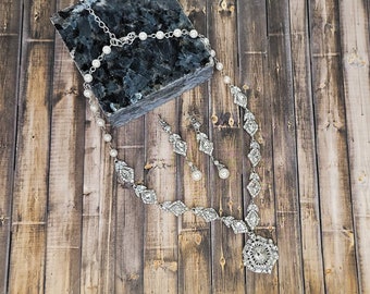 Pearl and Crystal Necklace Set with Matching Pierced Earrings - Wedding Necklace - Woman's Necklace Set - Crystal Necklace Set