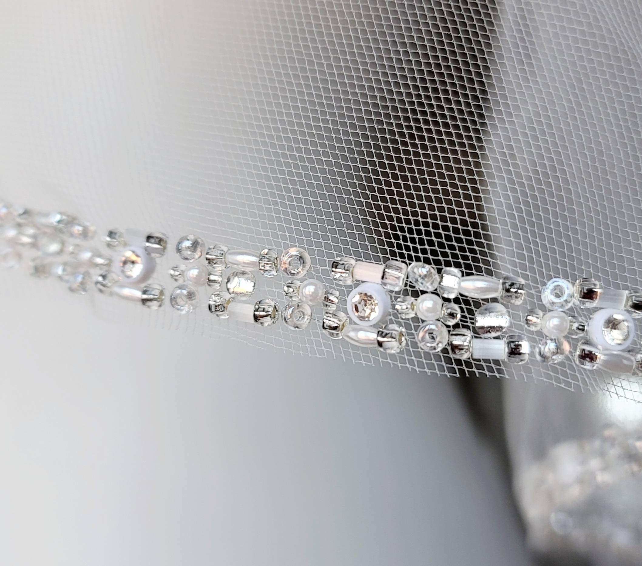 Frosted Beaded Cathedral Veil Rice Pearls, Crystals, Bugle Beads - Fast Ship