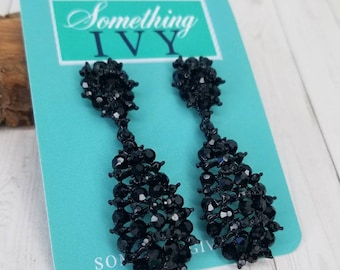 2.5" - Black Drop Earrings - Black Chandelier Earrings - Black Rhinestone Earrings - Black Prom Earrings - Pierced