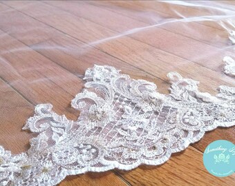 120" Alencon Lace Wedding Veil with Metallic Silver Thread  120" inches long - Lace Cathedral Veil, Veils With Lace - Royal Cathedral