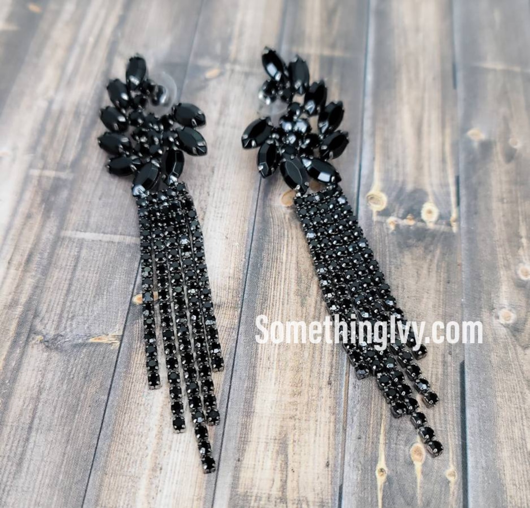 3.5" - Black Drop Earrings - Black Chandelier Earrings - Black Rhinestone Earrings - Black Prom ...