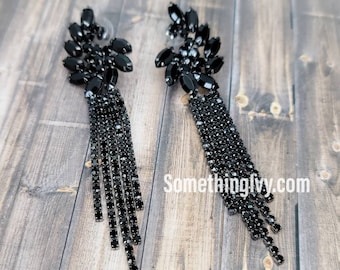 3.5" - Pendientes colgantes negros - Pendientes de araña negros - Pendientes de diamantes de imitación negros - Pendientes de fiesta negros - Perforados