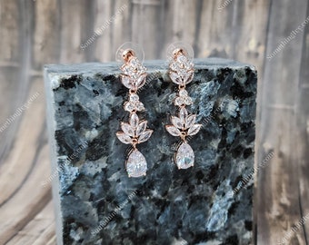 Pendientes colgantes de oro rosa - Pendientes de araña de oro rosa - Pendientes de diamantes de imitación de oro rosa - Pendientes colgantes de oro rosa