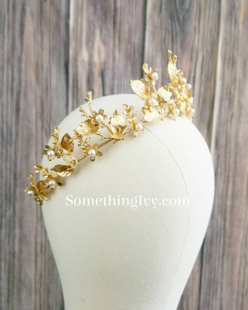 Fast Ship -2.5" Baroque Pearl Matte Gold Crown, Gold Hair Tiara, Gold & Pearl Tiara - Baroque - Sweet 16 Crown - Gold Crown - image 5
