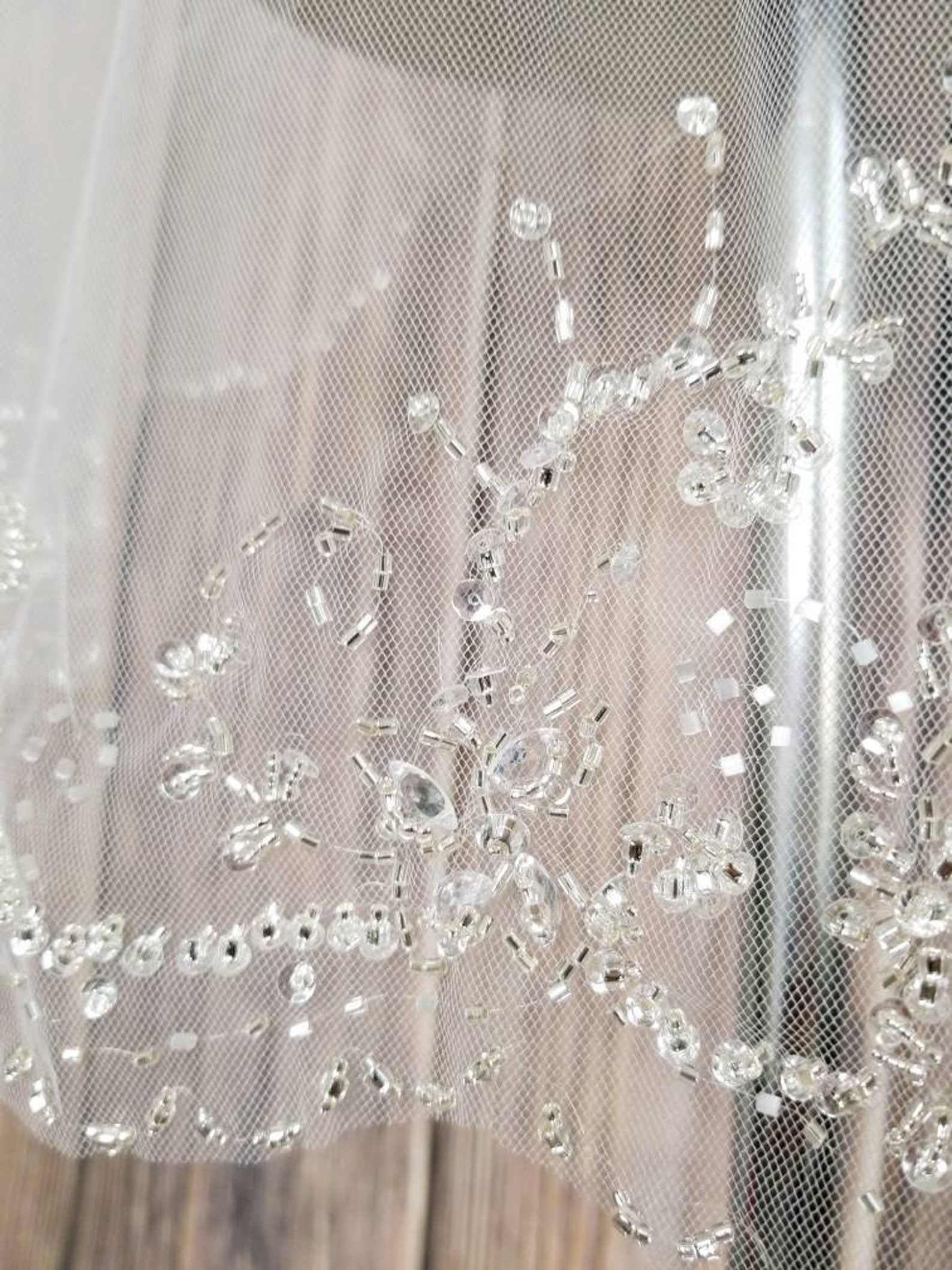 36 Inch Beaded Veil With Bugles Beads Rhinestones Etsy