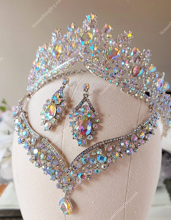 Silver AB Crystal Rhinestone Pageant Tiara Crown Marquise Iridescent Bridal Prom AB Iridescent Rhinestone Crystal Tiara Crown Bridal Pageant  main image 2