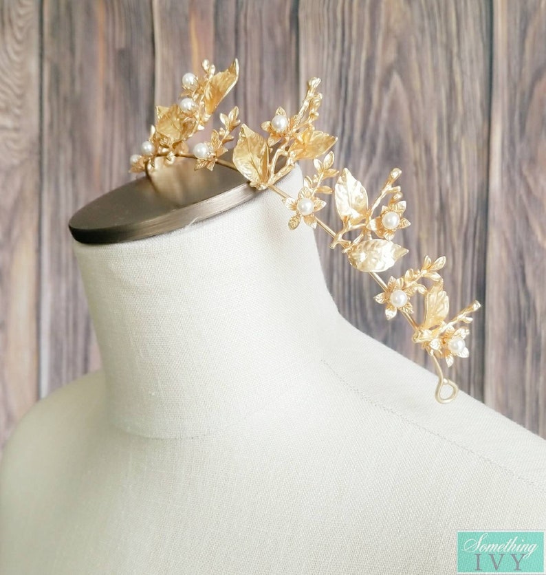 Fast Ship -2.5" Baroque Pearl Matte Gold Crown, Gold Hair Tiara, Gold & Pearl Tiara - Baroque - Sweet 16 Crown - Gold Crown - image 2