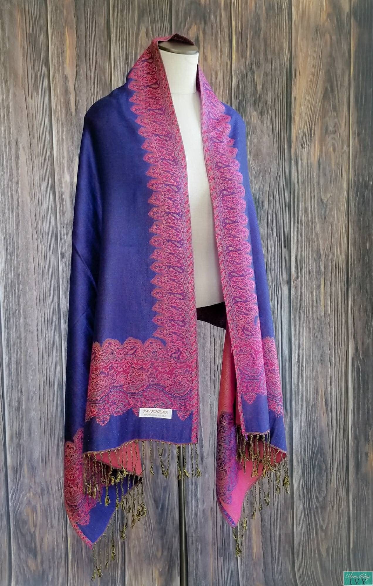 Lux Soft Blue and Pink Pashmina With Fringe Edge Wrap Cover Ups