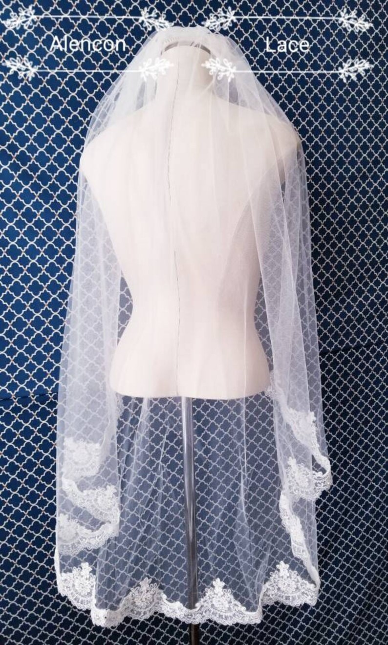 Finished Edge 42 Lace Wedding Veil Beaded Alencon Lace Fingertip Length Veil with Pearls and Rhinestones