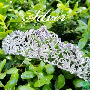Puede incluir: Una tiara plateada con detalles de cristal transparente y un dise&ntilde;o floral ornamentado. La palabra "Silver" est&aacute; escrita en cursiva en la parte superior de la imagen. La tiara se encuentra sobre un fondo de follaje verde.