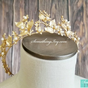 Fast Ship -2.5&quot; Baroque Pearl Matte Gold Crown, Gold Hair Tiara, Gold & Pearl Tiara - Baroque - Sweet 16 Crown - Gold Crown -