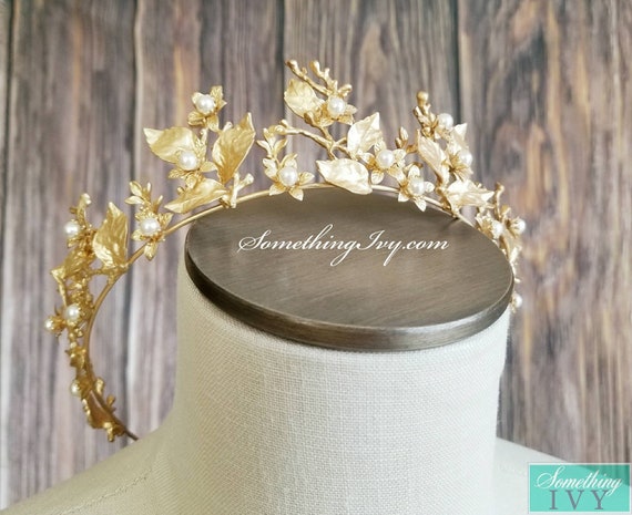 Fast Ship -2.5" Baroque Pearl Matte Gold Crown, Gold Hair Tiara, Gold & Pearl Tiara - Baroque - Sweet 16 Crown - Gold Crown -