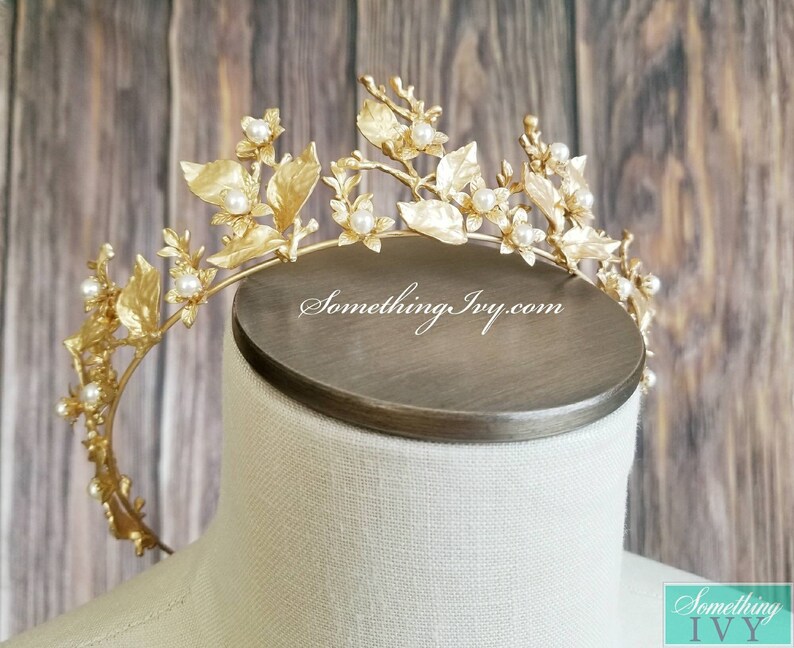 Fast Ship -2.5" Baroque Pearl Matte Gold Crown, Gold Hair Tiara, Gold & Pearl Tiara - Baroque - Sweet 16 Crown - Gold Crown - image 1
