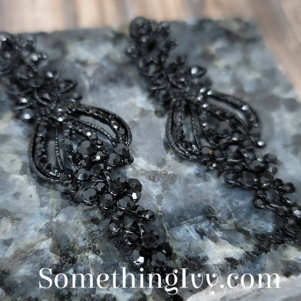 Fast Ship - 3" - Black Drop Earrings - Black Chandelier Earrings - Black Rhinestone Earrings - Black Prom Earrings - Pierced