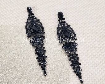 3,25 pouces - Boucles d'oreilles noires - Boucles d'oreilles lustre noires - Boucles d'oreilles en strass noirs - Boucles d'oreilles noires pour bal de promo - Boucles d'oreilles percées