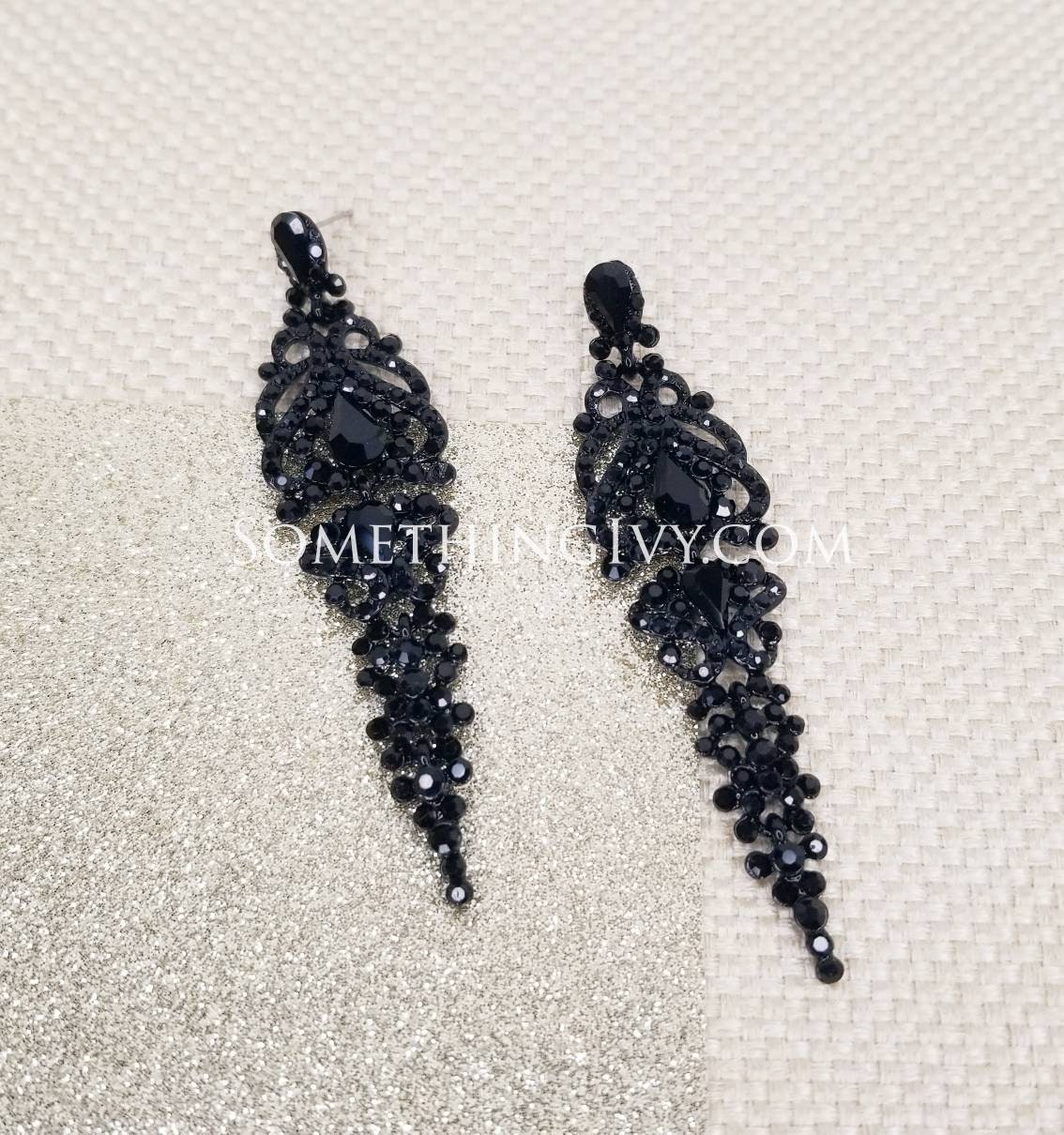 3.25" - Black Drop Earrings - Black Chandelier Earrings - Black Rhinestone Earrings - Black Prom Earrings - Pierced