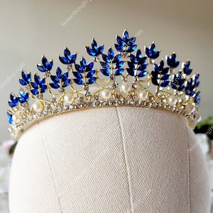 Fast Ship - 2&quot; Blue & Gold Tiara with Sapphire Blue Stones and Pearls -  Gold High Tiara -  Gold Crown with Royal Blue Stones -