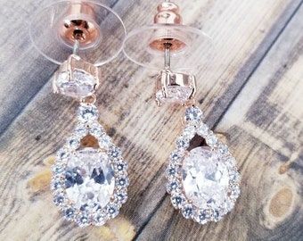 Pendientes colgantes de oro rosa - Pendientes de araña de oro rosa - Pendientes de diamantes de imitación de oro rosa - Pendientes colgantes de oro rosa