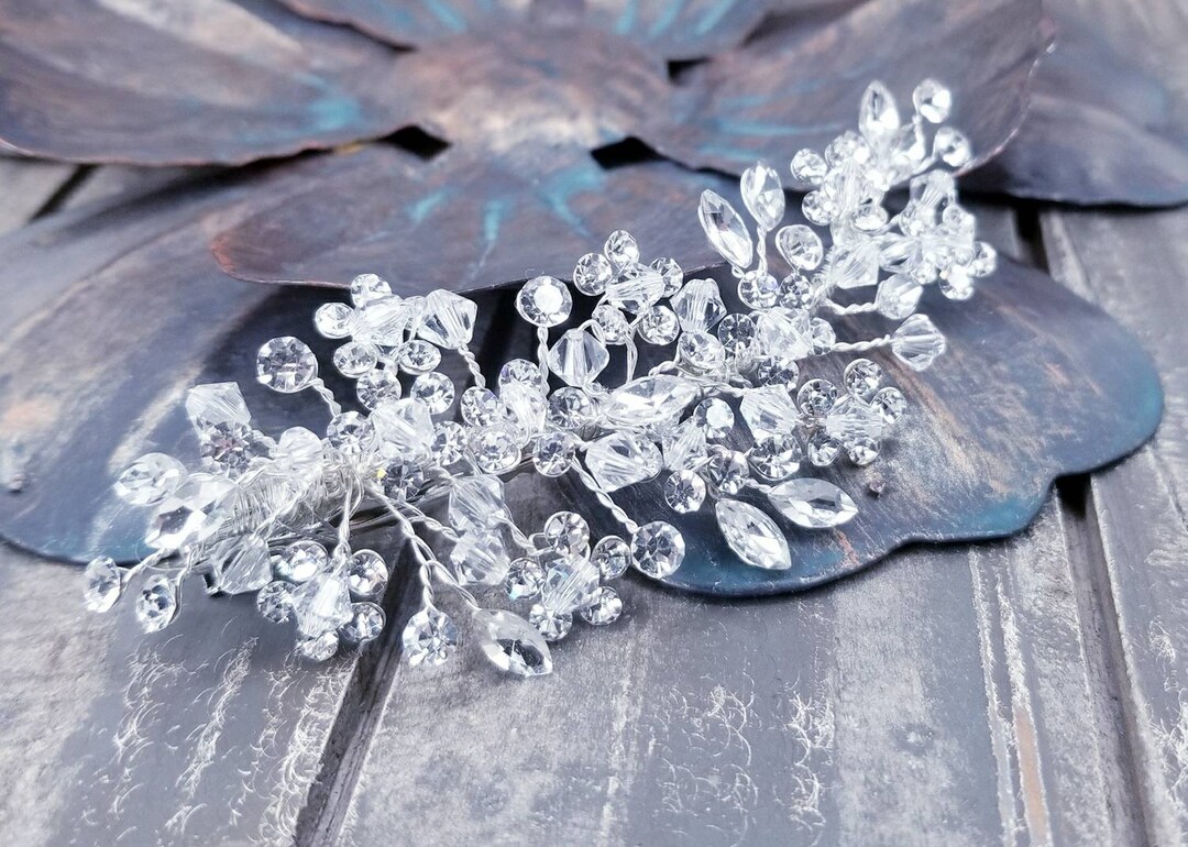 3.5 Inch Crystal Barrette Hair Clip for Weddings & Formal Events Charcoal Crystal Hair Barrette, Smoky Silver Formal Updo  main image 4