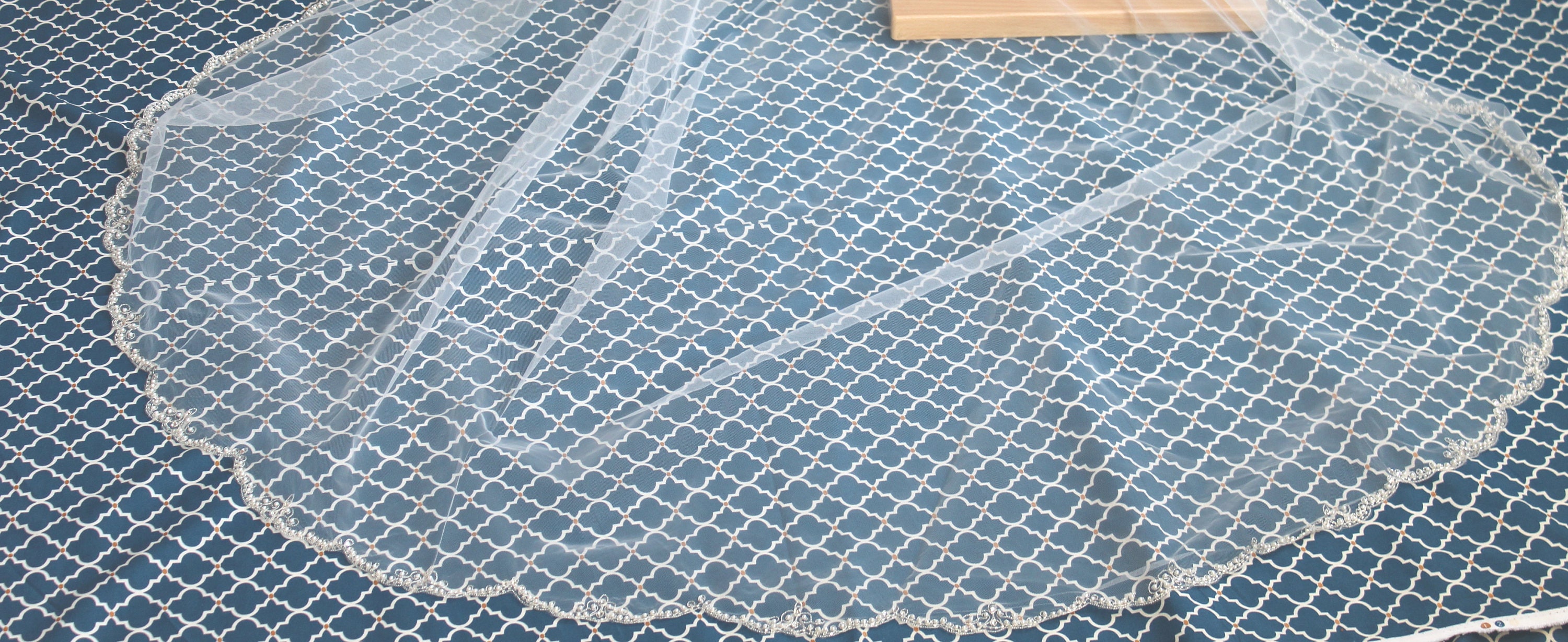 Beaded Section Single Tier Tulle Veil aba24-5