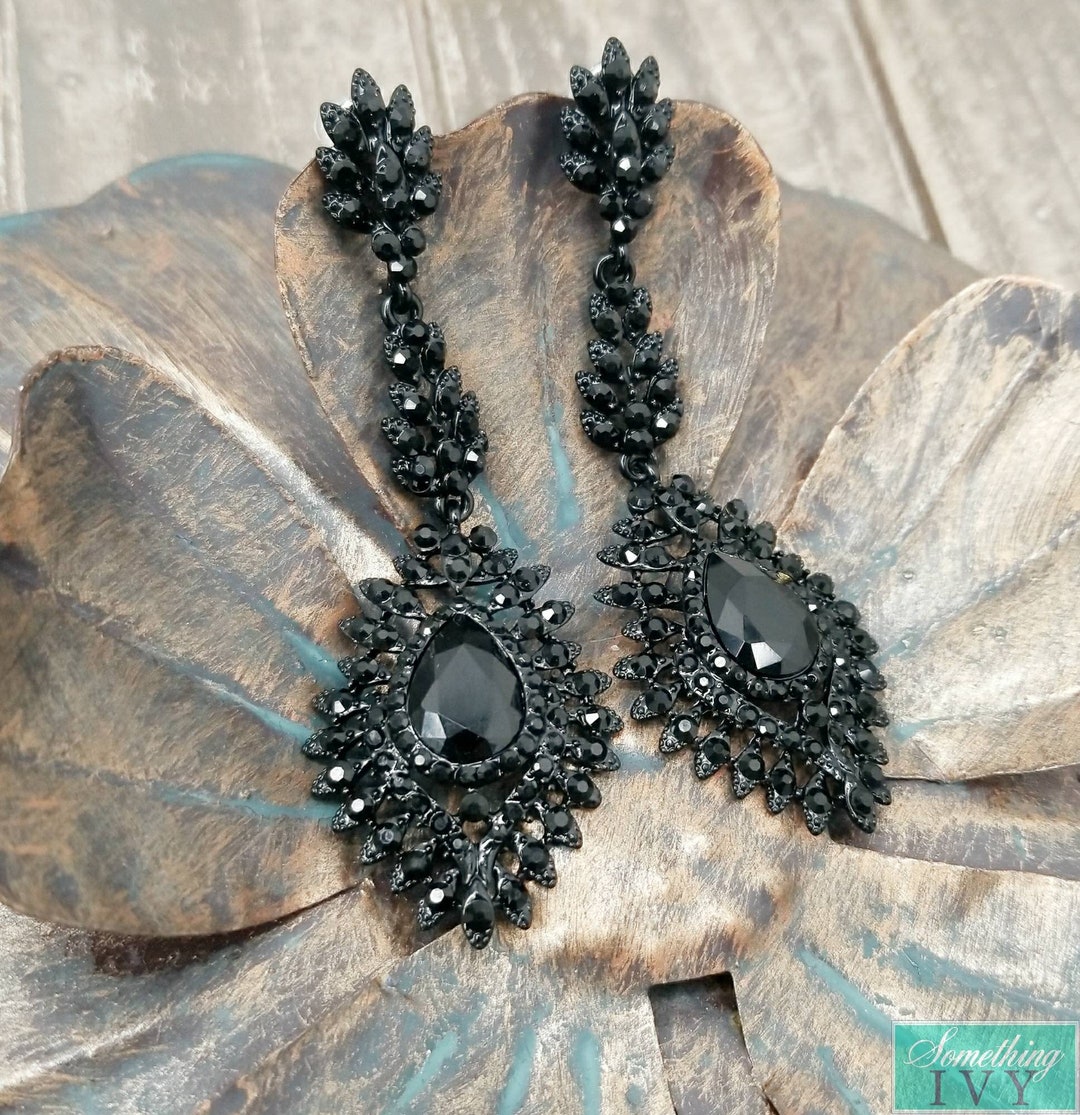 3 Black Drop Earrings Black Chandelier Earrings Black Rhinestone Earrings Black Prom Earrings ...