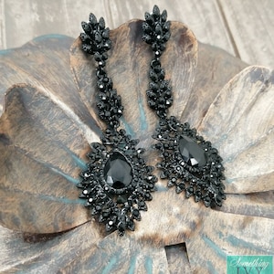 3&quot; - Black Drop Earrings - Black Chandelier Earrings - Black Rhinestone Earrings - Black Prom Earrings - Pierced