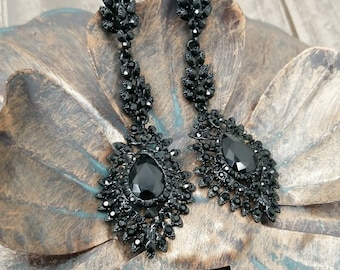 3" - Pendientes colgantes negros - Pendientes de araña negros - Pendientes de diamantes de imitación negros - Pendientes de fiesta negros - Perforados