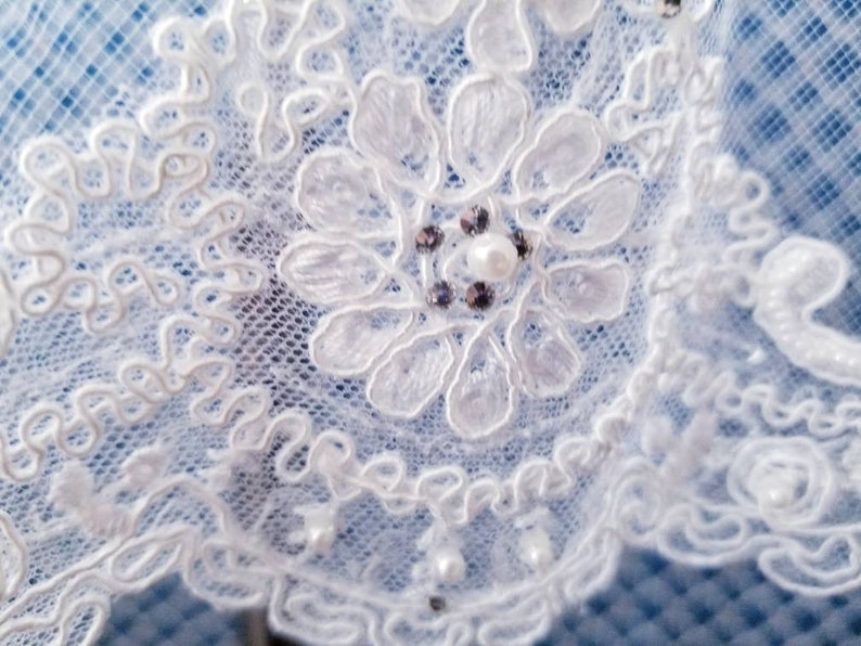 Finished Edge 42 Lace Wedding Veil Beaded Alencon Lace Fingertip Length Veil with Pearls and Rhinestones