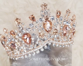 Fast Ship - 2.5&quot; Rose Gold Tiara with Champagne & Amber - Rose Gold High Tiara -  Rose Gold Crown - Crown - Quince Crown Tiara Rose Gold