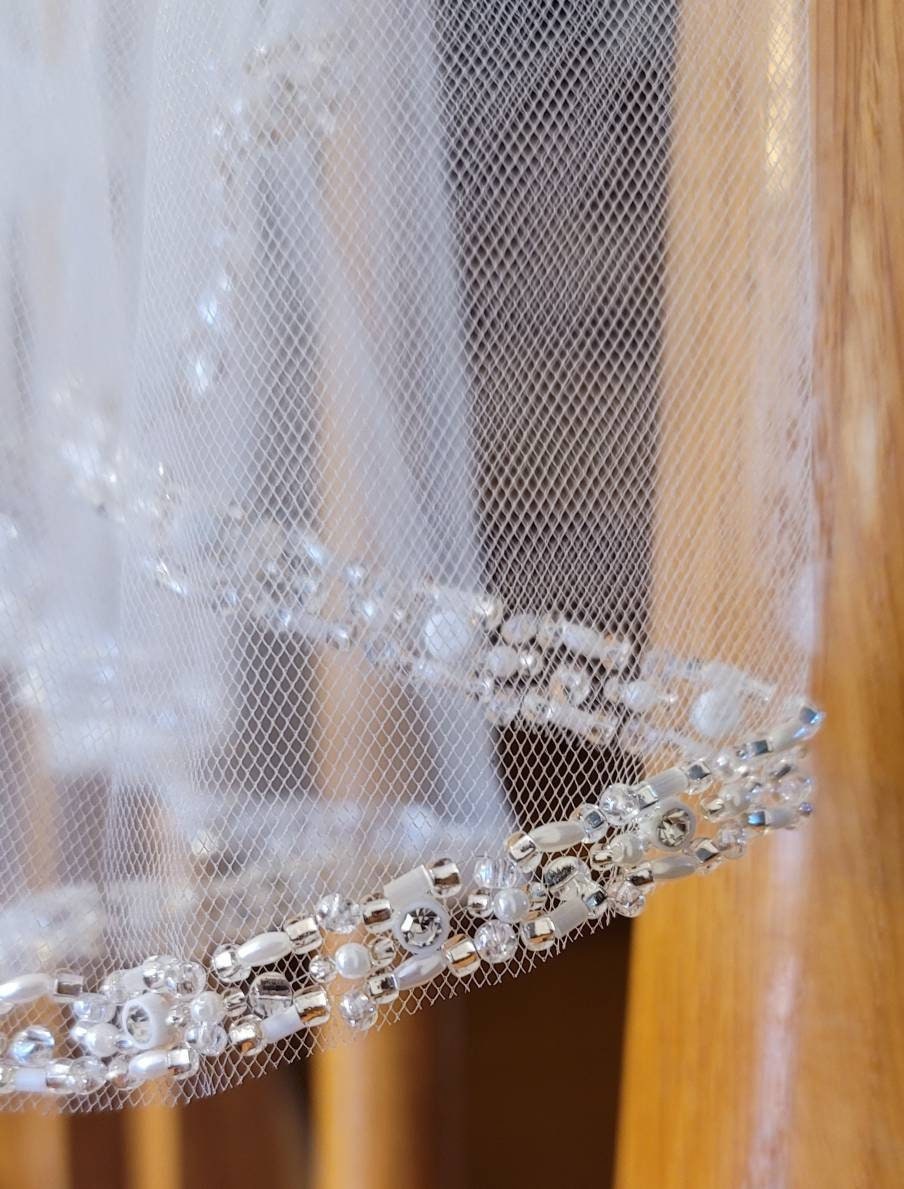 Frosted White Crystal Bugle Bead Cathedral Length (108”) Wedding Veil Frosted Bugle Bead Knee Length or Cathedral Wedding Veil main image 3