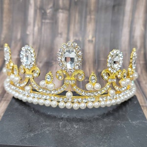 Fast Ship - 2.5&quot;- English Duchess Gold Crown, Gold Hair Tiara, Gold & Pearl Tiara - Baroque - Sweet 16 Crown - Gold Crown - British Inspired