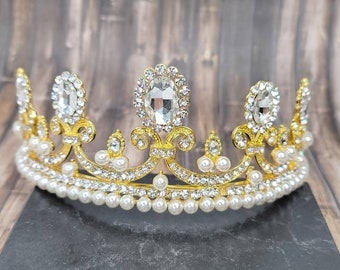 Fast Ship - 2.5"- English Duchess Gold Crown, Gold Hair Tiara, Gold & Pearl Tiara - Baroque - Sweet 16 Crown - Gold Crown - British Inspired