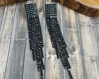 3.5" - Pendientes colgantes negros - Pendientes de araña negros - Pendientes de diamantes de imitación negros - Pendientes de fiesta negros - Perforados