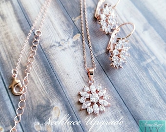 Necklace Set - Rose Gold Cluster Marquis Earrings with Matching Necklace - Rose Gold Earrings - Rose Gold Necklace Sets