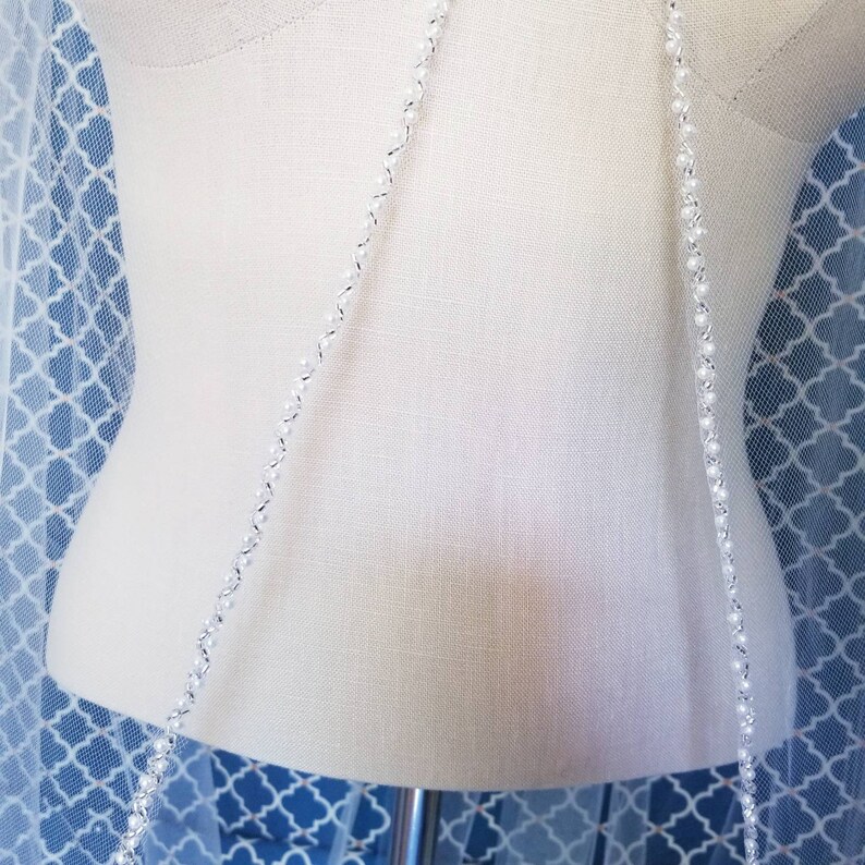 Fingertip Pearl Beaded Edge Wedding Veil wSilver Accents Pearl Bridal Veils Beaded Veil with Pearls