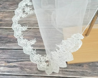 Fast Ship - 108&quot; Cathedral Alencon Beaded Lace Ivory Wedding Veil  - Long Veils - 108&quot; inches long - Lace Cathedral Veil, Veils With Lace