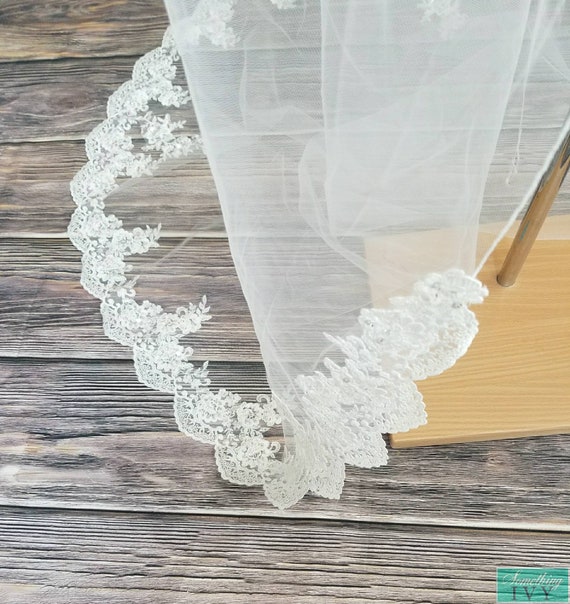 White cathedral 108” long lace trim wedding veil White Tulle One-tier Cathedral Length Bridal Veil with Lace  main image 2