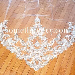 120&quot; Cathedral Alencon Beaded Lace Ivory Wedding Veil  - Long Veils - 120&quot; inches long - Lace Cathedral Veil, Veils With Lace - Sequins