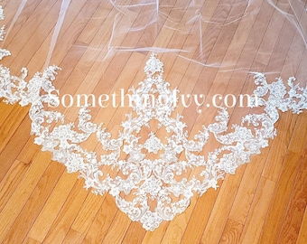 120" Cathedral Alencon Beaded Lace Ivory Wedding Veil  - Long Veils - 120" inches long - Lace Cathedral Veil, Veils With Lace - Sequins