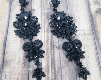 3.5&quot; - Black Drop Earrings - Black Chandelier Earrings - Black Rhinestone Earrings - Black Prom Earrings - Pierced