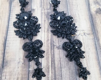 3.5" - Black Drop Earrings - Black Chandelier Earrings - Black Rhinestone Earrings - Black Prom Earrings - Pierced