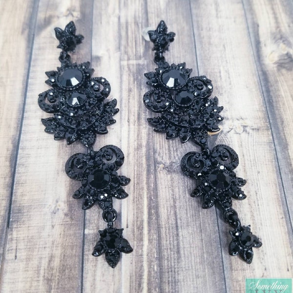 3.5" - Black Drop Earrings - Black Chandelier Earrings - Black Rhinestone Earrings - Black Prom Earrings - Pierced