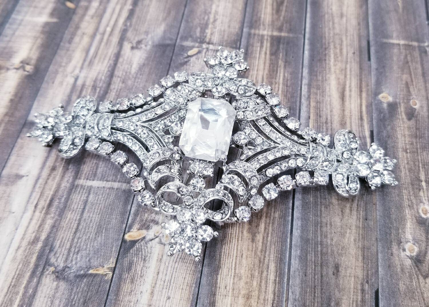 4.10" - Crystal Silver Brooch - Silver Rhinestone- Belt Brooches - Dress Silver Brooch - Crystal Beaded Brooch - Rhinestone Belt Buckle