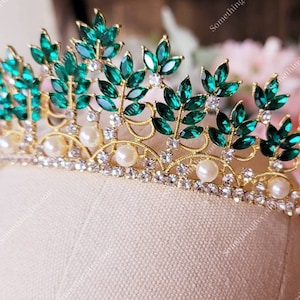 Fast Ship - Pearl & Emerald Green/Gold Baroque Crown - Emerald Green Tiara - Tiara with Emerald Green Stones - Gold Crowns