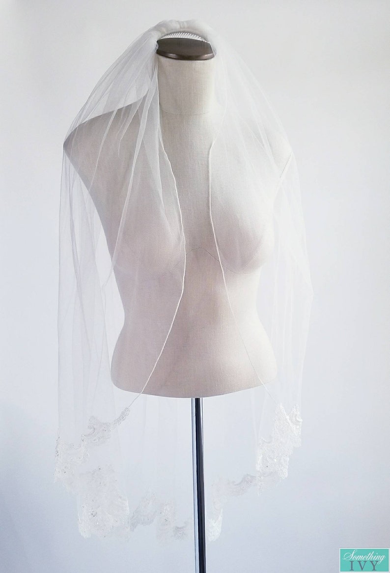 Finished Edge 42 Lace Wedding Veil Beaded Alencon Lace Fingertip Length Veil with Pearls and Rhinestones
