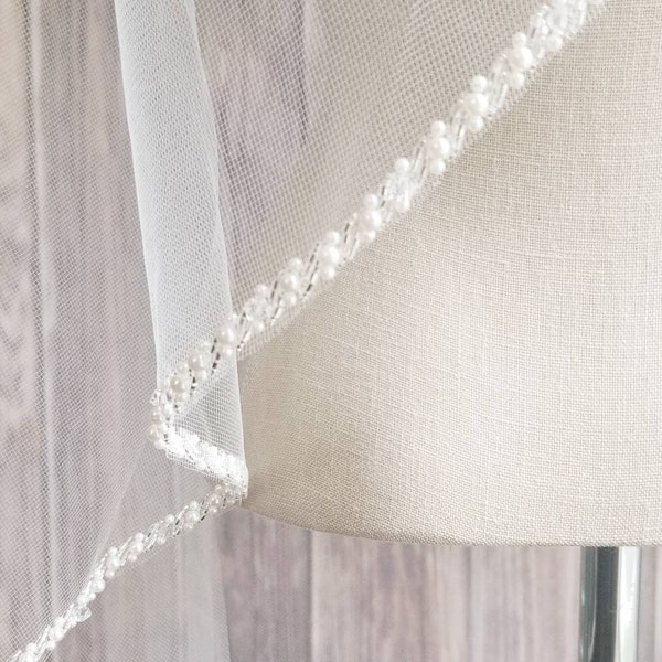 Fast Ship - 36" - Pearl Beaded Edge Wedding Veil w/Silver Accents - Pearl Bridal Veils - Beaded Veil w/ Pearls - Blush & Champagne available