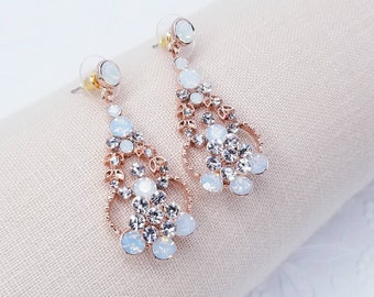 2.10" - Opal Rose Gold Drop Earrings - Rose Gold Opal Earrings - Rose Gold Rhinestone Earrings -Rose Gold Dangle Earrings