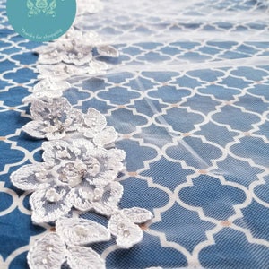 108&quot; - Cathedral English Tulle Beaded Lace Wedding Veil  - Long Veils - Lace Cathedral Veil- Veils With Lace - Flower Lace Cathedral